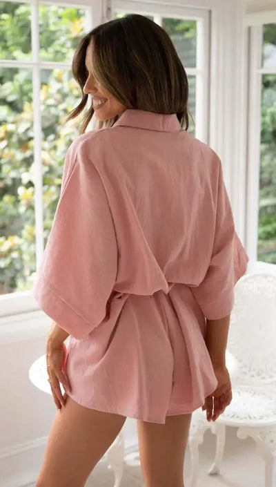 Women's Jumpsuit Spring/summer New Style With Collar Mid Sleeves Waist Strap Fashionable Loose Short Style Solid Color Jumpsuit