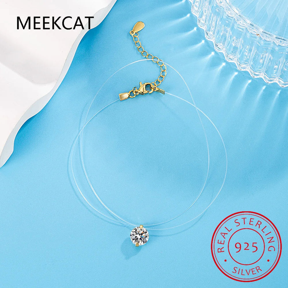 8mm Moissanite Pendant 925 Silver Solitaire Necklace for Women Invisible Fish Line Chain Jewelry Choker Valentine's Gift 2025