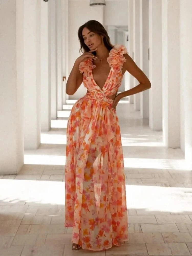 Summer Sleeveless Floral Dress for Women Deep V Neck Flower Print Backless Ruffles Long Dresses Beach Holiday Party Sundress