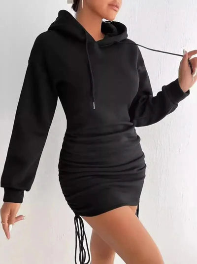 Autumn fashion side drawstring pleated hooded sweatshirt dress for women