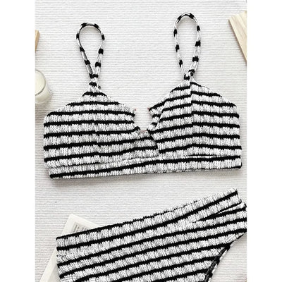 New Black White Striped Cut Out Female Swimsuit High Waist Bikini Women Swimwear Two-pieces Bikini set Bather Bathing Suit V5831