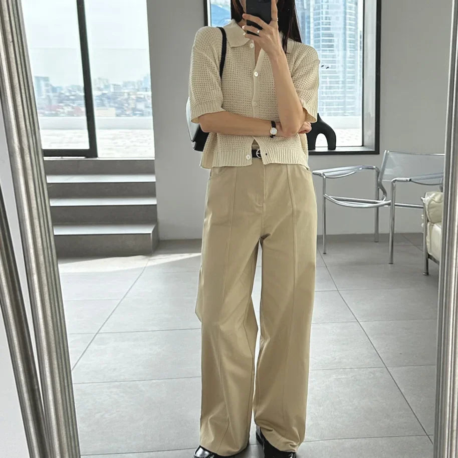 Women's Shirt Knit Solid-colored Short-sleeved Sweaters Tops All-match Pullovers T-shirt Polo-neck Crop Tops Girl's Tees Summer