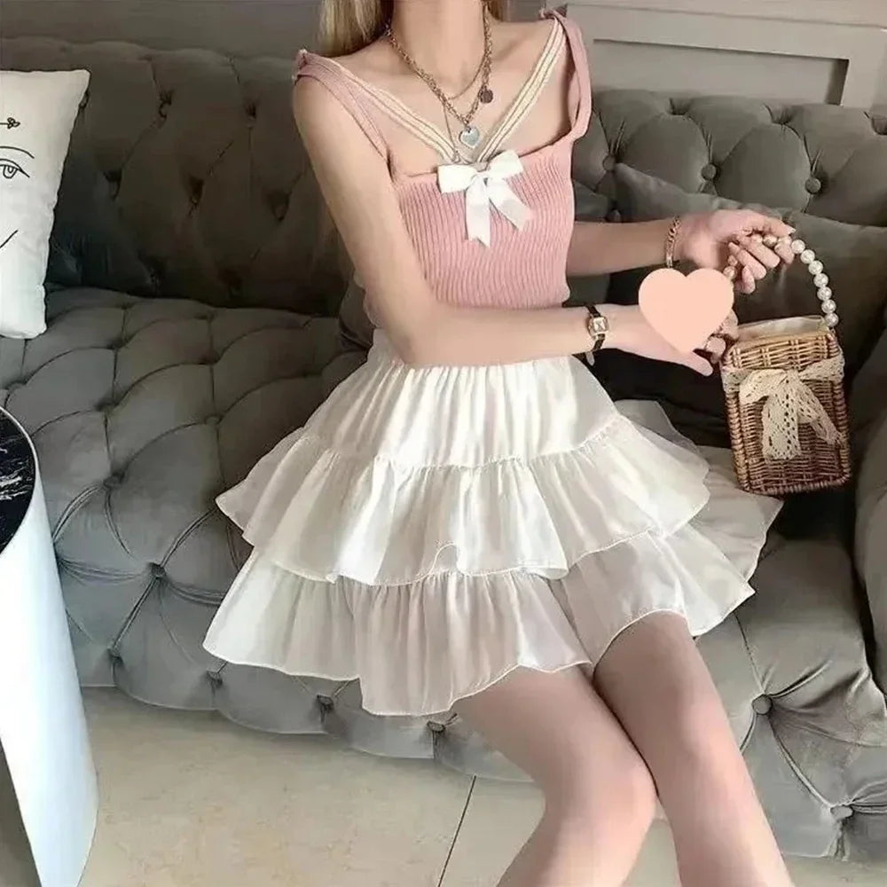 Pleated A-line Skirt White Women Ruffles Sweet Hottie Preppy Style Elastic Elastic Waist Slim Thin Simple Casual Skirts