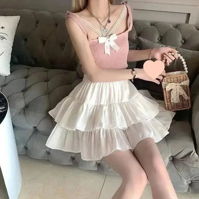 Pleated A-line Skirt White Women Ruffles Sweet Hottie Preppy Style Elastic Elastic Waist Slim Thin Simple Casual Skirts