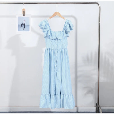 Ruffle Dress Women Fashion Backless A Line Slim Waist Striped Robe Female Flying Sleeves Buttons 2025 Summer Elegant Streetwear