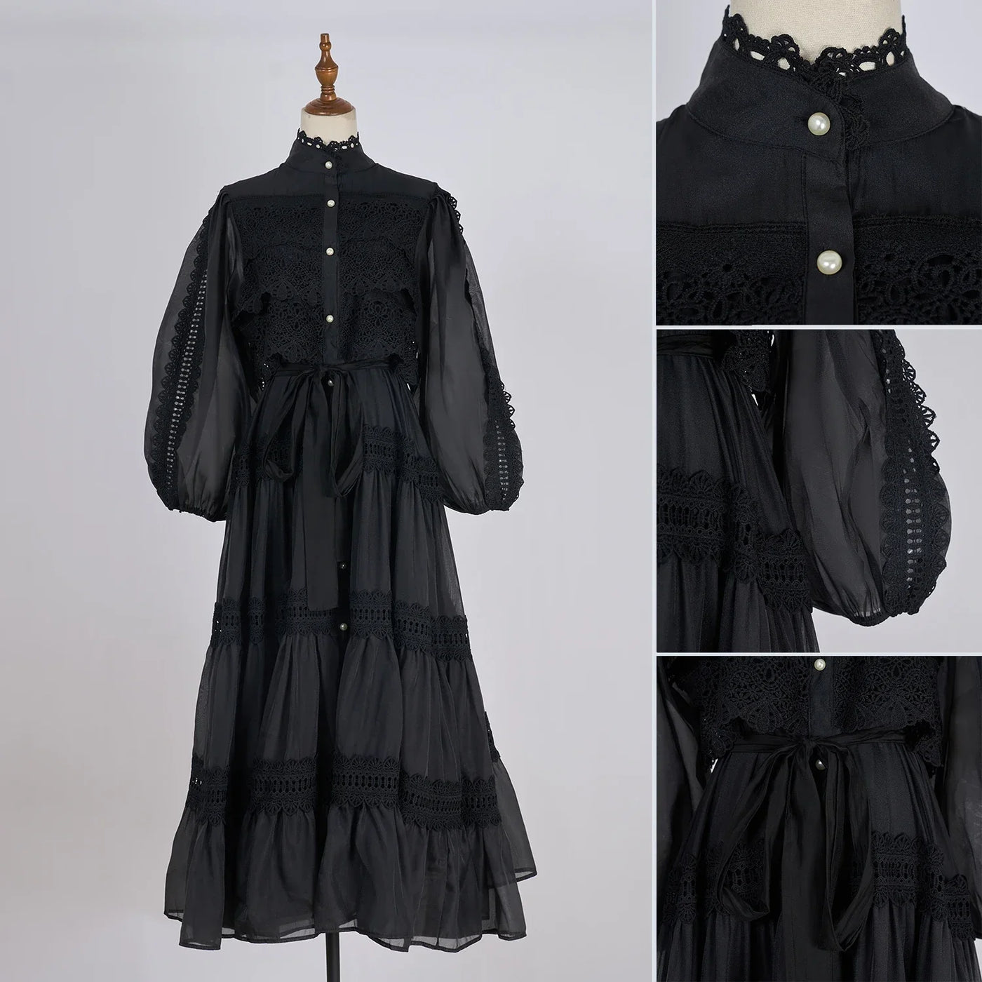 Luxury Long Dresses Women 2025 Spring Summer Embroidery Ruffle Lace Pearl Hollow Out Party Midi Dress Shirt Full Sleeve Vestidos