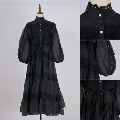 Luxury Long Dresses Women 2025 Spring Summer Embroidery Ruffle Lace Pearl Hollow Out Party Midi Dress Shirt Full Sleeve Vestidos