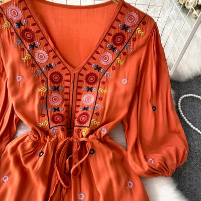 Boho Dress for Women Embroidery Floral Print V-neck Elastic Waist Lace-up Dresses with Belt Summer Vestidos Folds Dropshipping