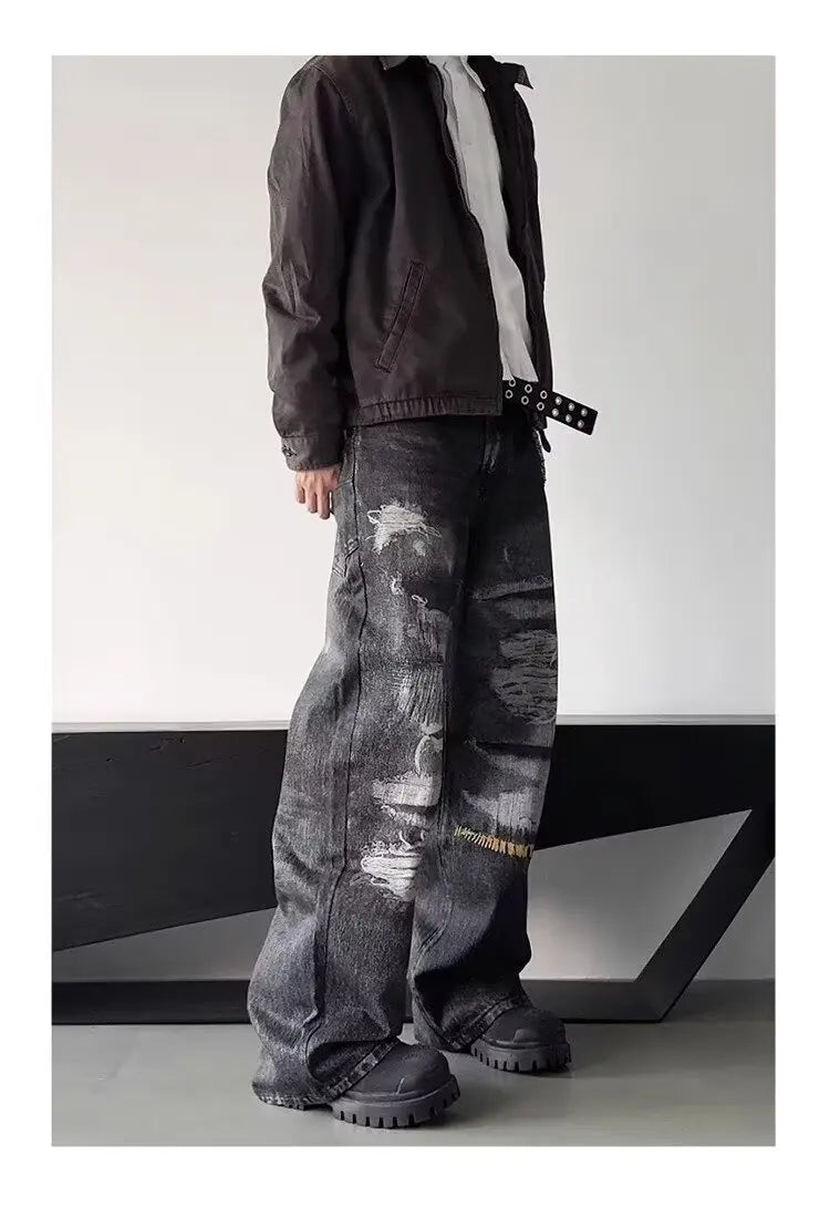 High Street Men's Jeans Trendy Printed Pattern Washed Worn-out Straight Leg Jeans American Style Male Denim Pants Black Jeans