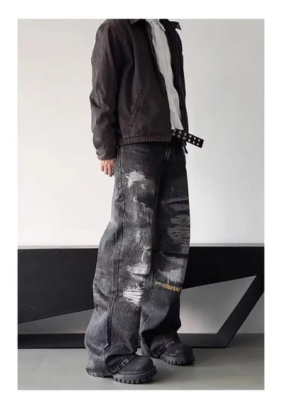 High Street Men's Jeans Trendy Printed Pattern Washed Worn-out Straight Leg Jeans American Style Male Denim Pants Black Jeans