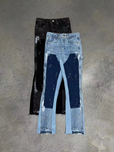 American retro design sense furred edge micro flared jeans men Y2k dark pants new low waist splicing elastic floor length pants