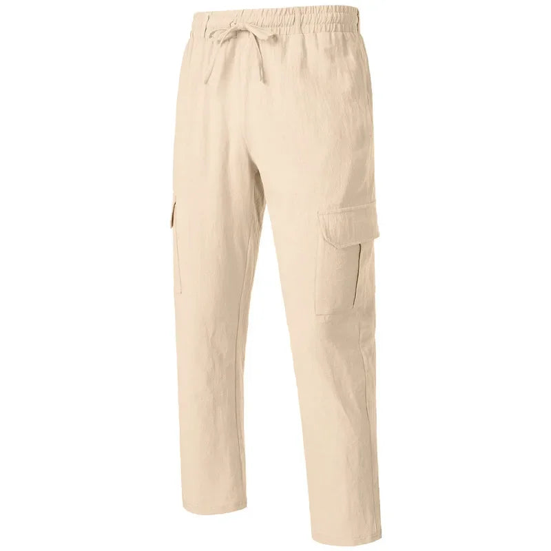 Men's Casual Trousers Loose Comfortable cargo pants Pants Man Cotton Linen multi-pocket Straight trousers Beach thin men Pants