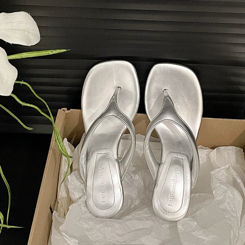 Women High-heeled Slippers 2025 Summer Clip Toe Flip Flop Fashion Pumps French Wedge Sandals Square Toe Ladies Shoes Sandalias