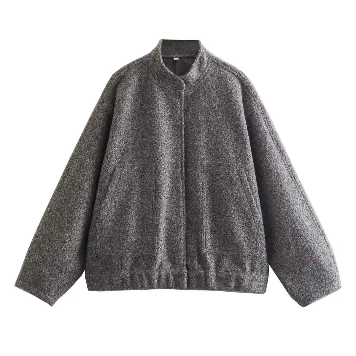 Woman's Oversized Bomber Jacket Autumn New Round Neck Long Sleeve Pocket Hidden Button Loose Jackets Coat Female Outerwear