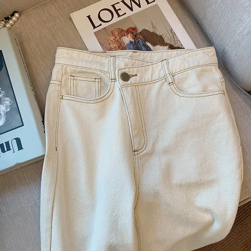 White Jeans For Women Spring High Waist Fashion Flower Design Straight Denim Pants Chic Loose Wide Leg Casual Trousers