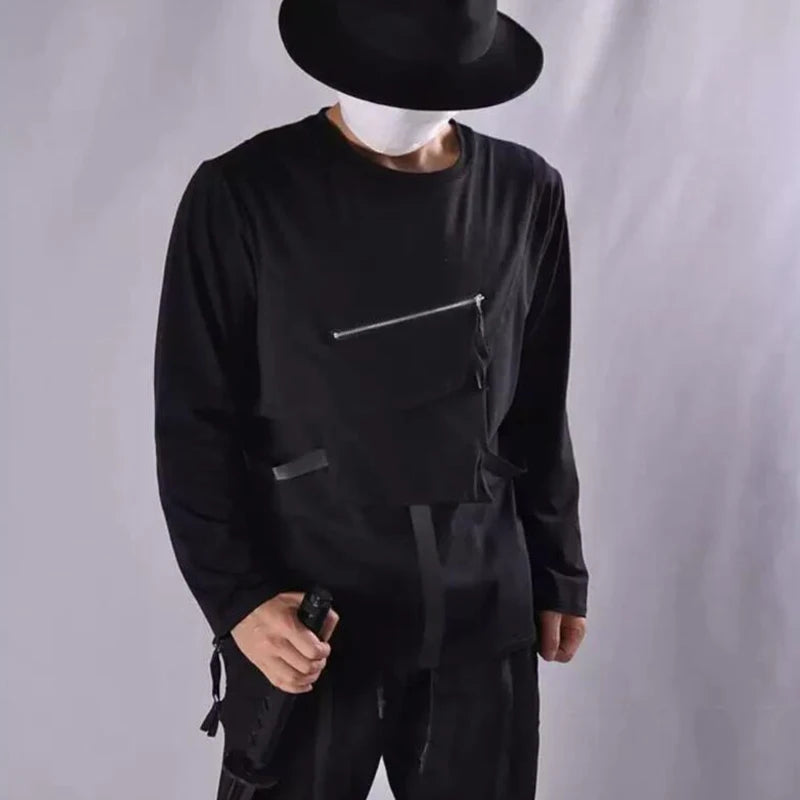 Men Clothing T Shirt High Street Streamer Functional Tactics Personalized Zipper Crewneck T-shirts Black Hip Hop Punk Camisetas