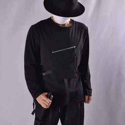 Men Clothing T Shirt High Street Streamer Functional Tactics Personalized Zipper Crewneck T-shirts Black Hip Hop Punk Camisetas