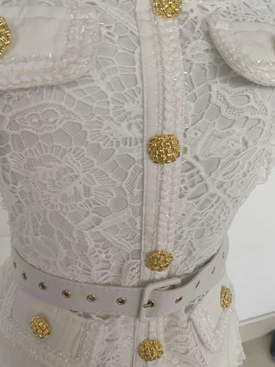 Luxury Evening Dress Women Summer Vacation Short Sleeve Pleated Lace Chiffon Long Dresses White Single Breasted Midi Party Robe