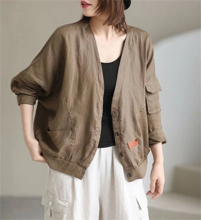 Fashion Cotton Linen Short Jacket For Women Spring Autumn New  Retro Loose V-Neck Thin Casual Top Coat Sunscreen Clothing
