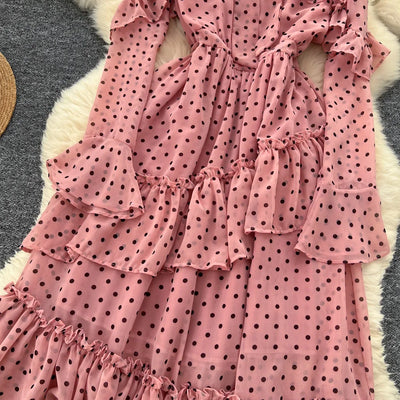 Dot Dress Women Long Dresses Print Chiffon Lace Up Flare Sleeve A Line Vestidos Streetwear Elegant Splice Y2k High Waist Party