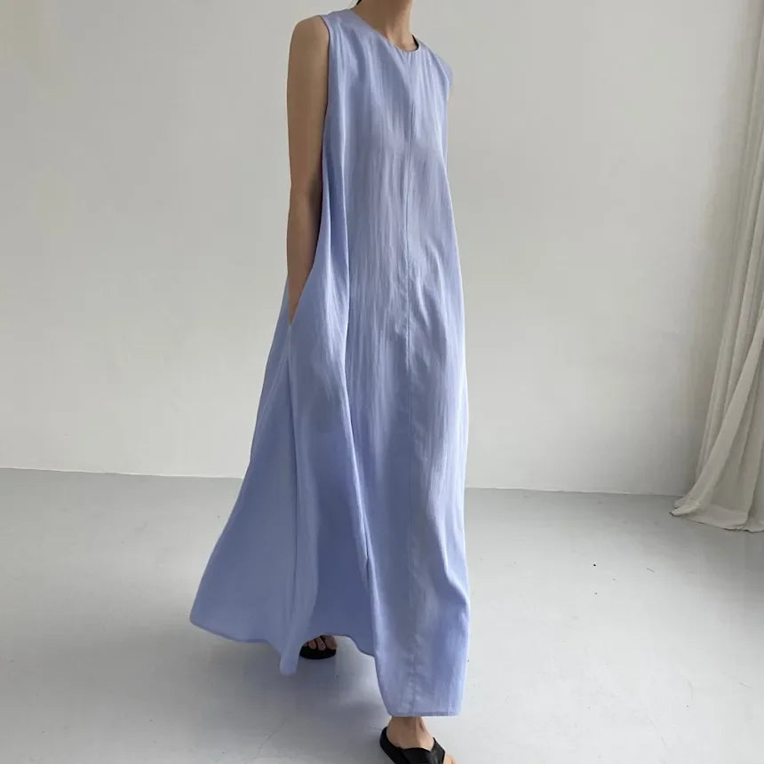 REALEFT Summer Women Maxi Dress 2024 New Solid Color Elegant Pockets Loose Waist Sleeveless Casual Summer Dresses Female