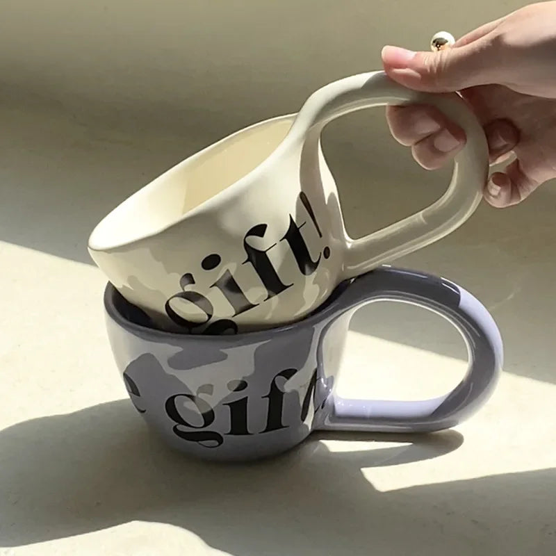 Alphabet Print Coffee Mug, Premium Value Ceramic Mug with Ear Shaped Handle, Breakfast Cup