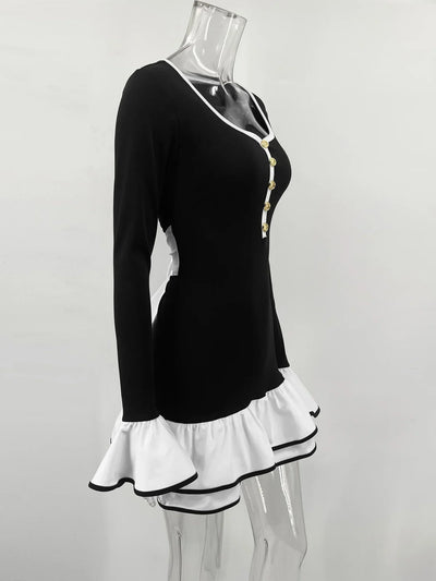 Ruffle Mini Dress for Women V Neck Bodycon Long Sleeve Short Dresses Femme Backless Bow Bandage Elegant Patchwork Dress