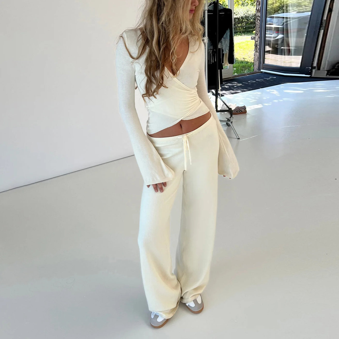 Women Fashion Lounge Set Vintage 2 Piece Outfit Spring Autumn V Neck Waist Tie T-shirt+Elastic Waist Pants Long Sleeve Crop Tops