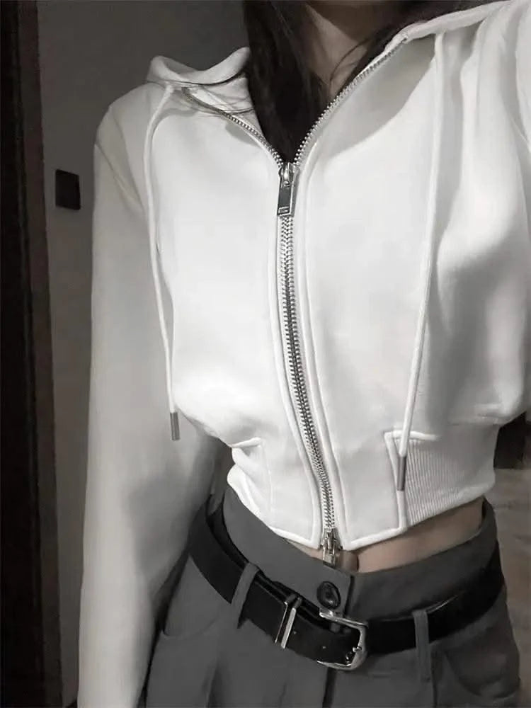 Casual Short Hooded Sweatshirt Women Zip Up Hoodies Mujer Solid Harajuku Long Sleeve Slim fit Crop Top Female Jackets Coat