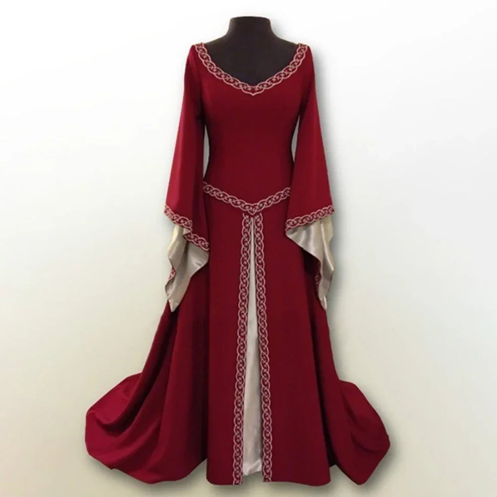 Women Ladies Medieval Renaissance Dress Wedding Party Cosplay Costume V Neck Maxi Dress Robe Fashion