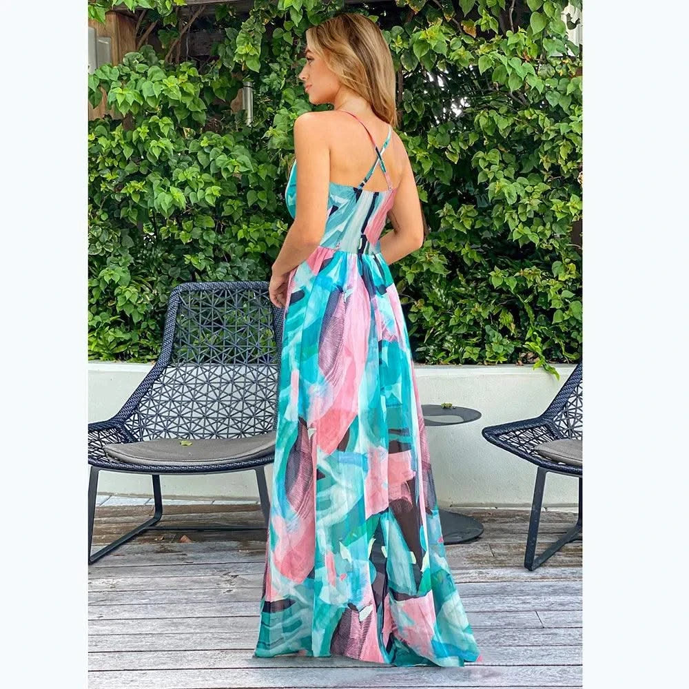 Floral Dress Women's Summer Dress Sexy Backless V-neck Suspender Long Dress