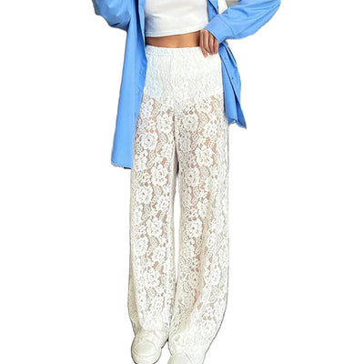 Women Fashion Lace Wide Leg Pants Casual Loose Sheer Lace High Waist Trousers for Work Office Streetwear