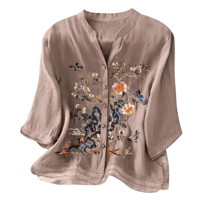 3/4 Sleeve Cotton Linen Shirts For Women 2025 Summer Boho Retro Embroidered Tops Dressy Casual Trendy Vacation Blouse Y2K Tops