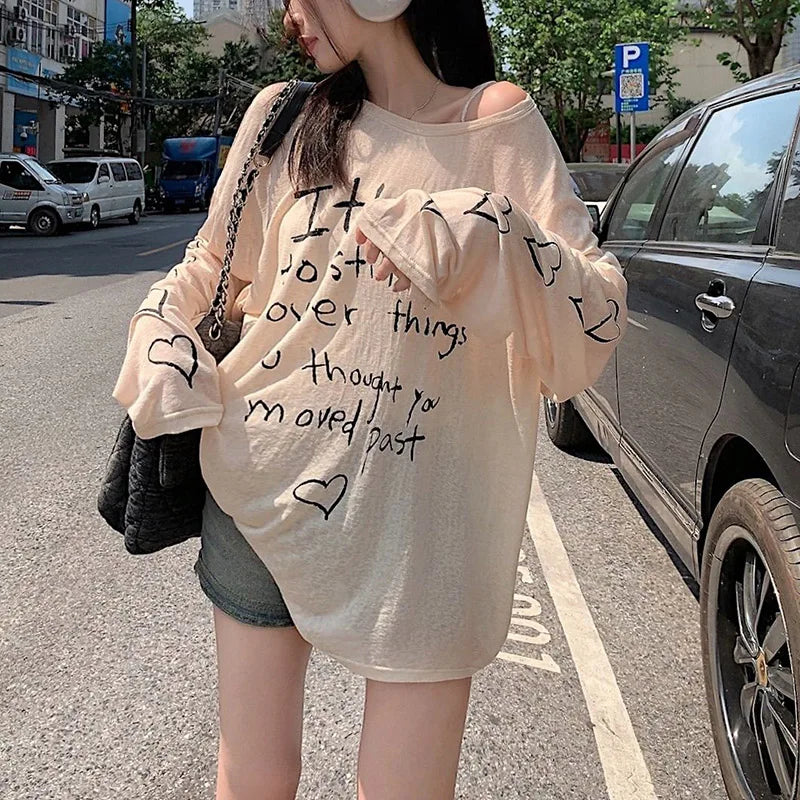 Women T-shirts Retro Letter Printed T-shirts Girls Casual Daily Long Sleeve Tops Lady Korean Fashion Baggy Clothes