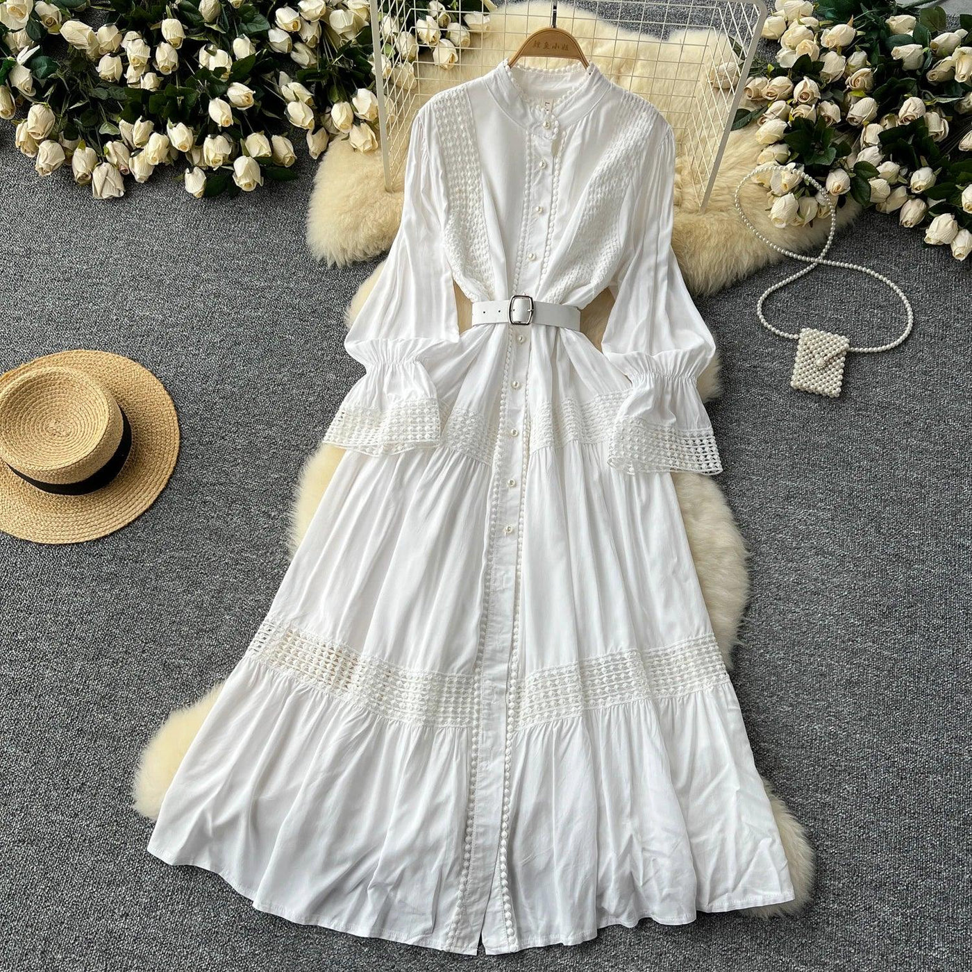 Retro Elegant Summer Stand Collar Flare Sleeve Single Breasted Lace Spliced Dress A-line French Evening Party Women Dresses