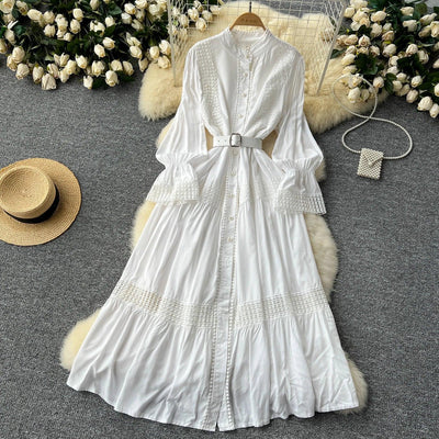 Retro Elegant Summer Stand Collar Flare Sleeve Single Breasted Lace Spliced Dress A-line French Evening Party Women Dresses