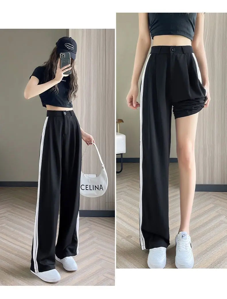 Wide-leg Pants for Women in Spring and Autumn High Waist Loose Straight Slim Striped Floor-moving Suit Pants