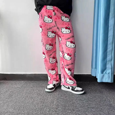 Thicken Hello Kitty Pajama Pants Sanrio Anime Fleece Double Elastic Fabric Soft Trousers Women Trousers Cartoon Birthday Gift