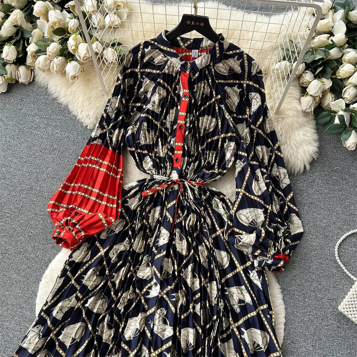 Retro Print Elegant Pleated Lantern Long Sleeve O Neck Single Breasted Dress A-line  Casual High Waist Women Summer Dresses
