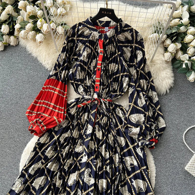 Retro Print Elegant Pleated Lantern Long Sleeve O Neck Single Breasted Dress A-line  Casual High Waist Women Summer Dresses
