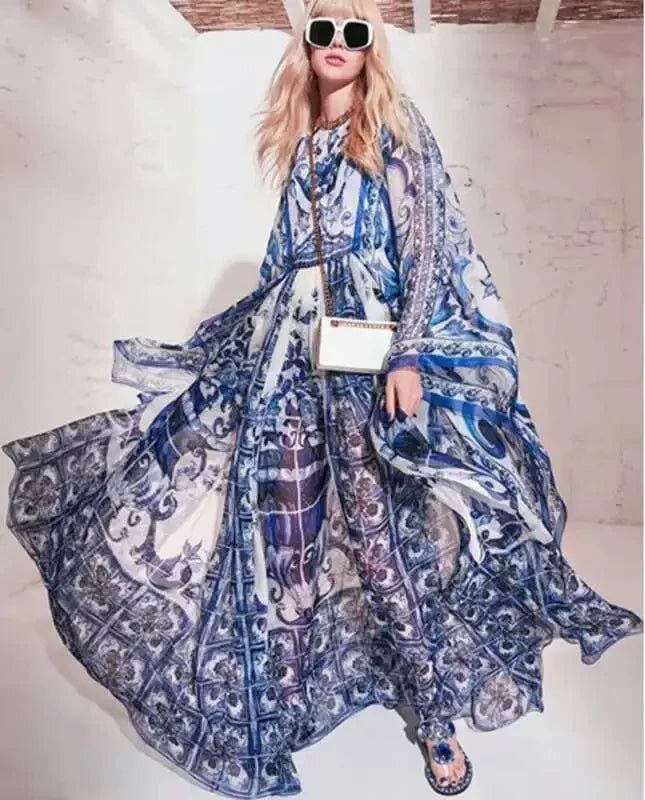 Women Maxi Chiffon Dress Summer Bohemian Rabbits Flower Porcelain Print Clothing Floor Length Flare Sleeve Long Vestidos