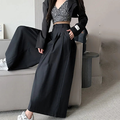 Oversize Wide Leg Pants For Women Gathered Waist Spliced Ruched Casual Solid Long Trousers Female Clothing Summer