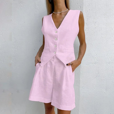 New Cotton Linen Vest Short Sets Casual Sleeveless Undershirt Shorts Sets for Women 2 Pieces Outfit Office Lady White Pant Sets
