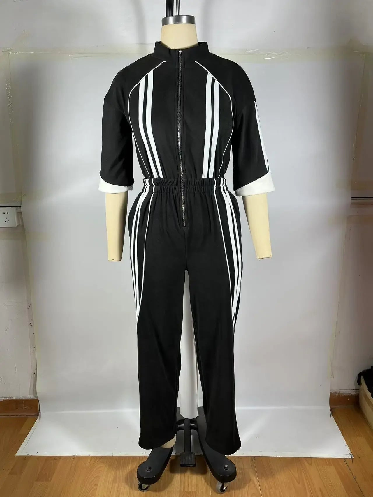 Women Jumpsuits For Spring 3/4 Sleeve Print Stripe Loose Fashion Streetwear Overalls Wide Leg Pants Trousers 2025 Summer