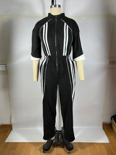 Women Jumpsuits For Spring 3/4 Sleeve Print Stripe Loose Fashion Streetwear Overalls Wide Leg Pants Trousers 2025 Summer