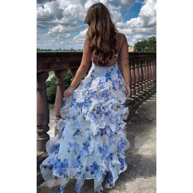 Summer Women Floral Print Party Dress Elegant New Fashion Strap V Neck High Waist Halter Corset Ruffle Evening Long Dress Robe