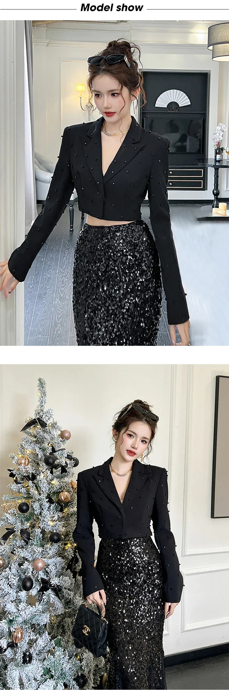 Fashion Chic Women's Blazer Office Lady Bright Black Long Sleeve Short Casual Party Coat Ladies Outerwear Stylish Cropped Tops