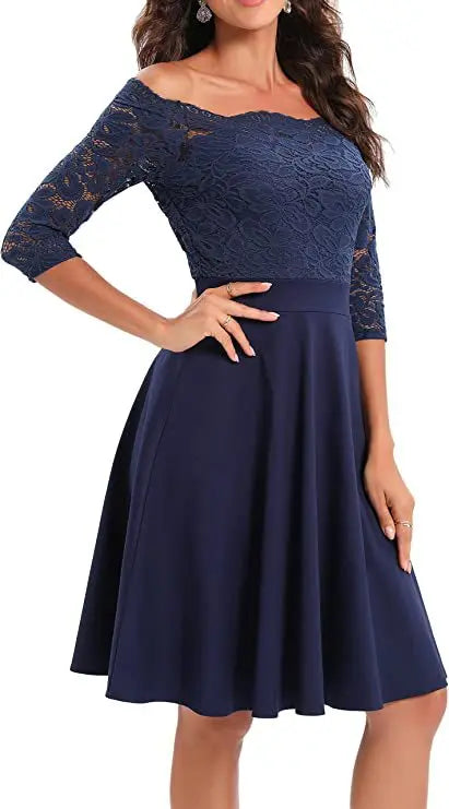 Women Elegant Wedding Bridesmaid Dinner Dress Sexy Lace Off Shoulder Party Dresses Solid Color Half Sleeve Evening Gown Vestido