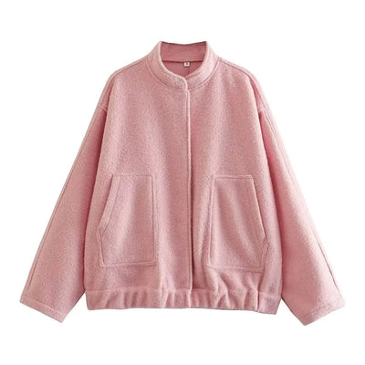 Woman's Oversized Bomber Jacket Autumn New Round Neck Long Sleeve Pocket Hidden Button Loose Jackets Coat Female Outerwear