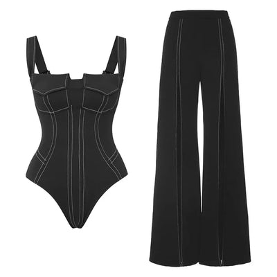 FLAXMAKER Pockets One Piece Swimsuit and Pants Women Swimwear Bodysuit Dress